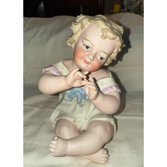 Antique Bisque Flute Baby Statue Porcelain Conta Boehme 8x5” BROKEN PINKY FINGER - Picture 1 of 15
